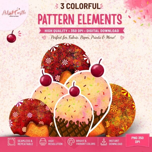 Ice cream cone seamless pattern with pink and yellow scoops, cherries and sprinkles shown on product mockups