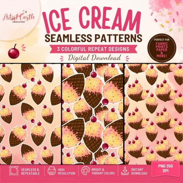 Ice cream seamless pattern bundle with colorful repeat patterns and transparent PNG designs for creative projects