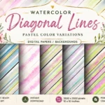 Watercolor diagonal stripes background pack featuring colorful hand painted digital papers