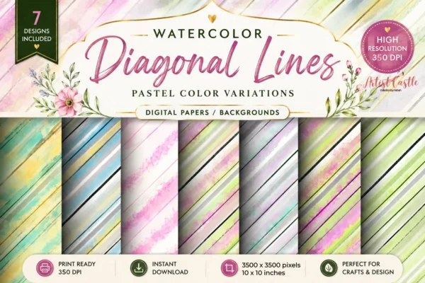 Watercolor diagonal stripes background pack featuring colorful hand painted digital papers