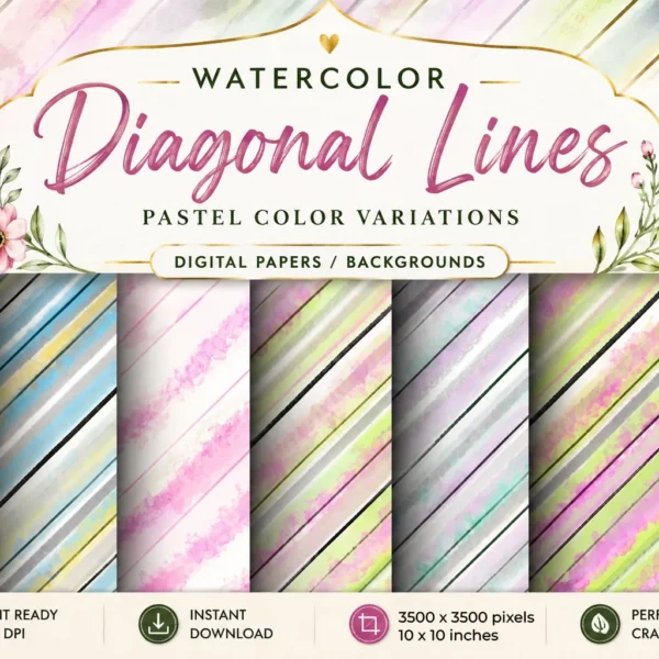 Watercolor diagonal stripes background pack featuring colorful hand painted digital papers
