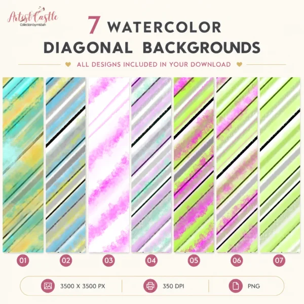 Pastel watercolor digital paper backgrounds with diagonal striped designs for creative projects