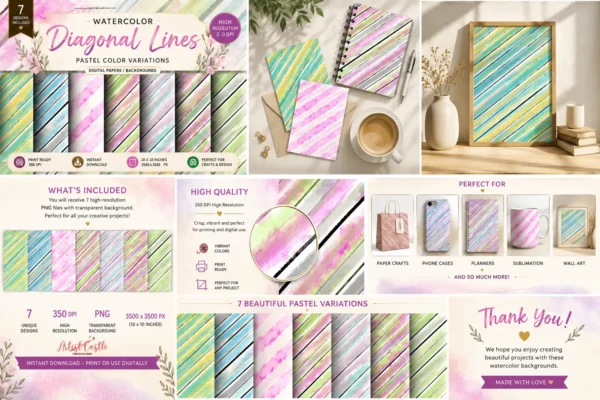 Watercolor striped digital papers shown on stationery, planners and creative design mockups