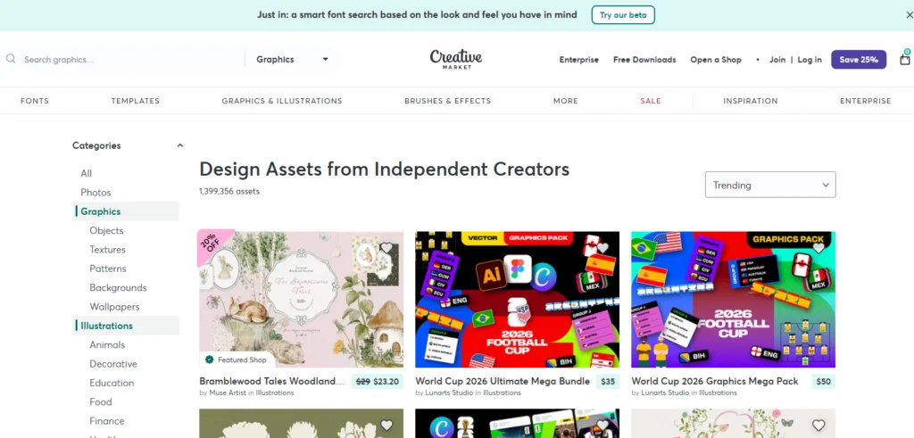 Creative Market website - premium fonts, templates and graphics for professional designers