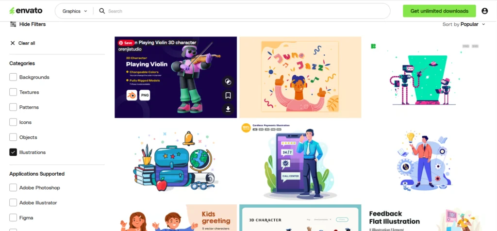 Envato Elements website - unlimited subscription for fonts, graphics and video templates
