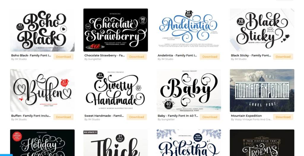 Font Bundles website - commercial use script and display fonts for designers