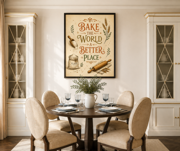 Bake the World a Better Place framed printable wall art displayed above a dining table in an elegant neutral kitchen and dining room interior.