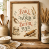 Vintage Bake the World a Better Place printable kitchen wall art featuring warm typography, wheat, flour, botanical details and a wooden rolling pin.