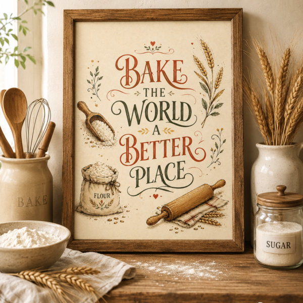 Vintage Bake the World a Better Place printable kitchen wall art featuring warm typography, wheat, flour, botanical details and a wooden rolling pin.