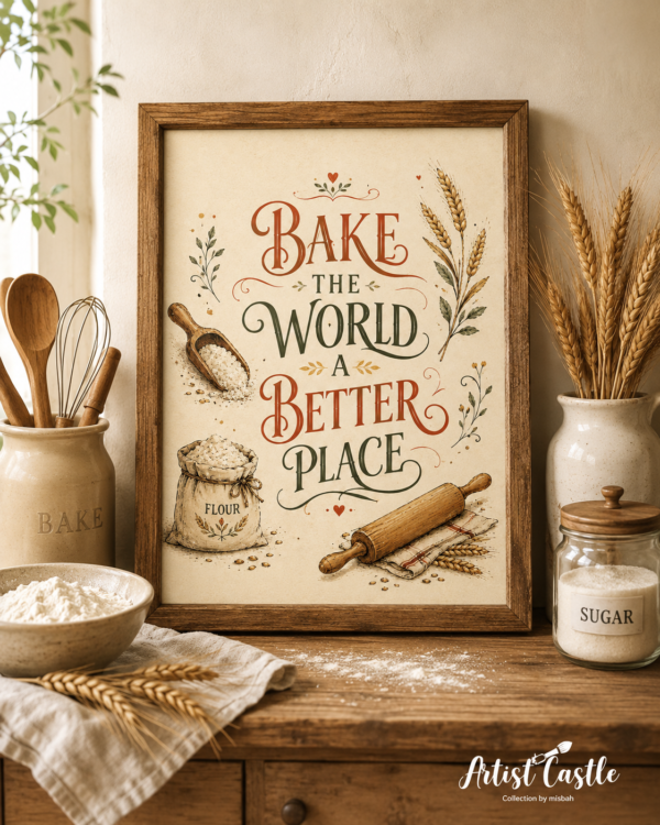 Vintage Bake the World a Better Place printable kitchen wall art featuring warm typography, wheat, flour, botanical details and a wooden rolling pin.