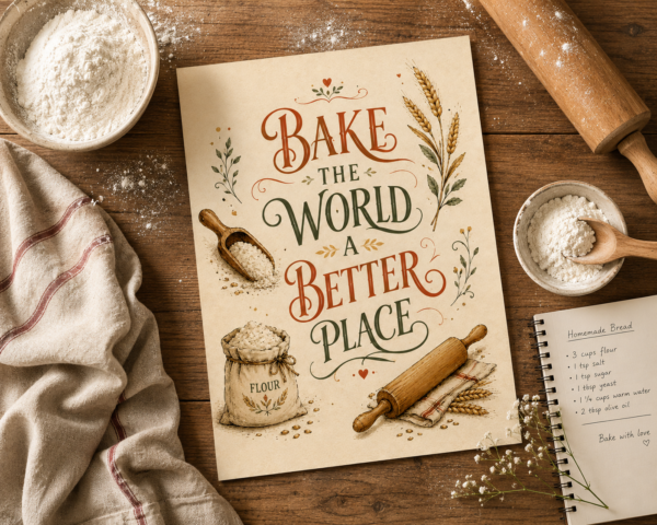 Bake the World a Better Place printable artwork shown on a rustic baking table surrounded by flour, rolling pin, recipe notebook and linen.