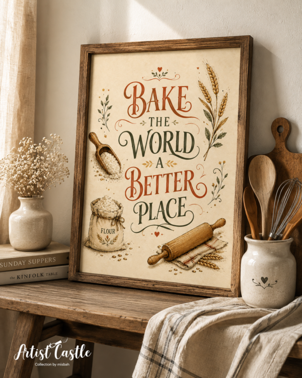 Vintage baking wall art displayed in a cozy sunlit kitchen, featuring Bake the World a Better Place typography with flour, wheat and rolling pin illustrations.
