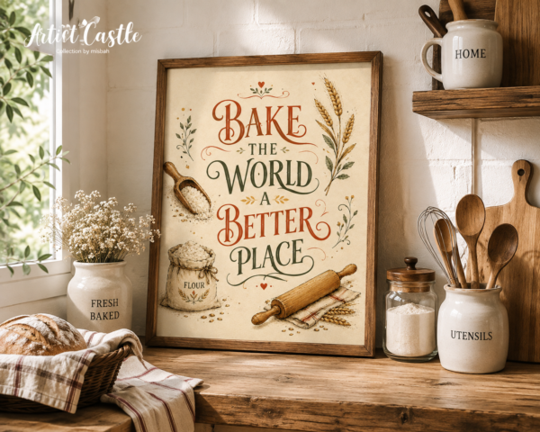 Bake the World a Better Place framed kitchen print styled with wooden baking utensils, neutral ceramics, wheat and warm farmhouse decor.