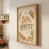 French farmhouse kitchen print with vintage Bon Appetit design displayed in a cozy interior