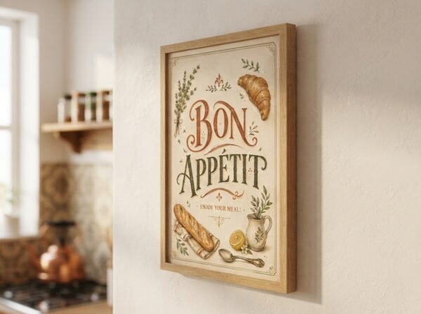 French farmhouse kitchen print with vintage Bon Appetit design displayed in a cozy interior