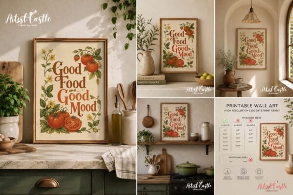 Good Food Good Mood printable wall art displayed in a warm, cozy kitchen, featuring vintage orange typography, tomatoes and green botanical details in a natural wood frame.