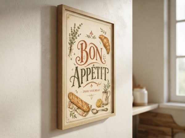 Bon Appetit wall art digital download shown as framed artwork for kitchen and dining room decor