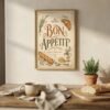 Vintage kitchen printable art with French inspired lettering, herbs, bread and botanical details