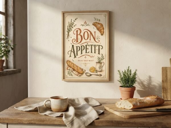 Vintage kitchen printable art with French inspired lettering, herbs, bread and botanical details