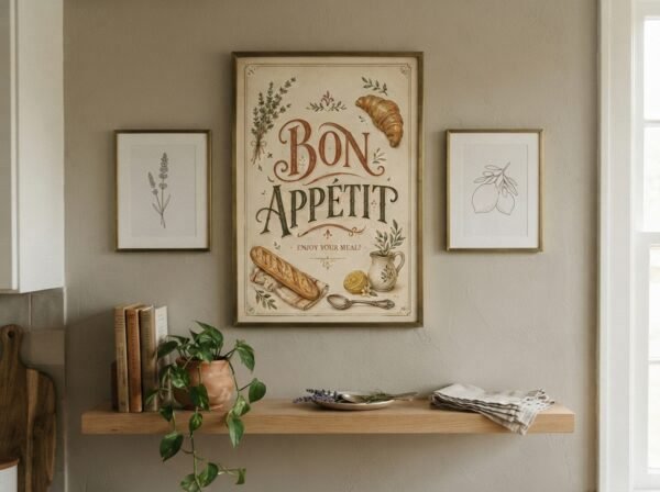 Bon Appetit French kitchen print displayed in a decorative frame for cozy kitchen decor
