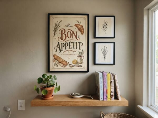 Printable kitchen wall decor featuring Bon Appetit lettering in a charming vintage style