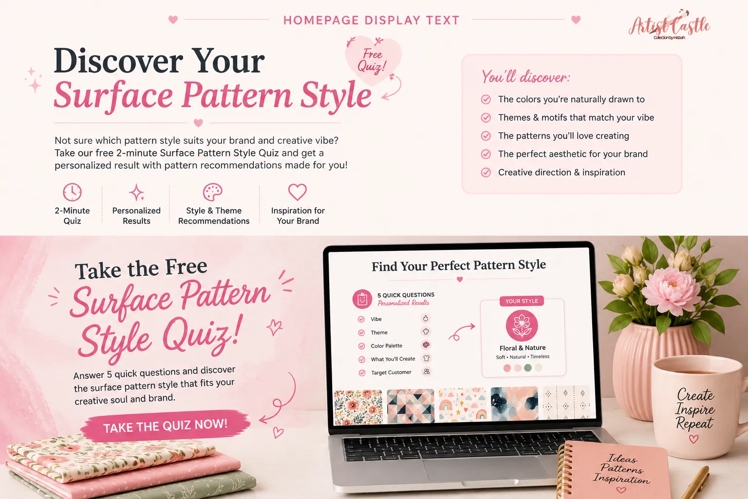 Laptop displaying the ArtistCastle surface pattern style quiz for creative designers