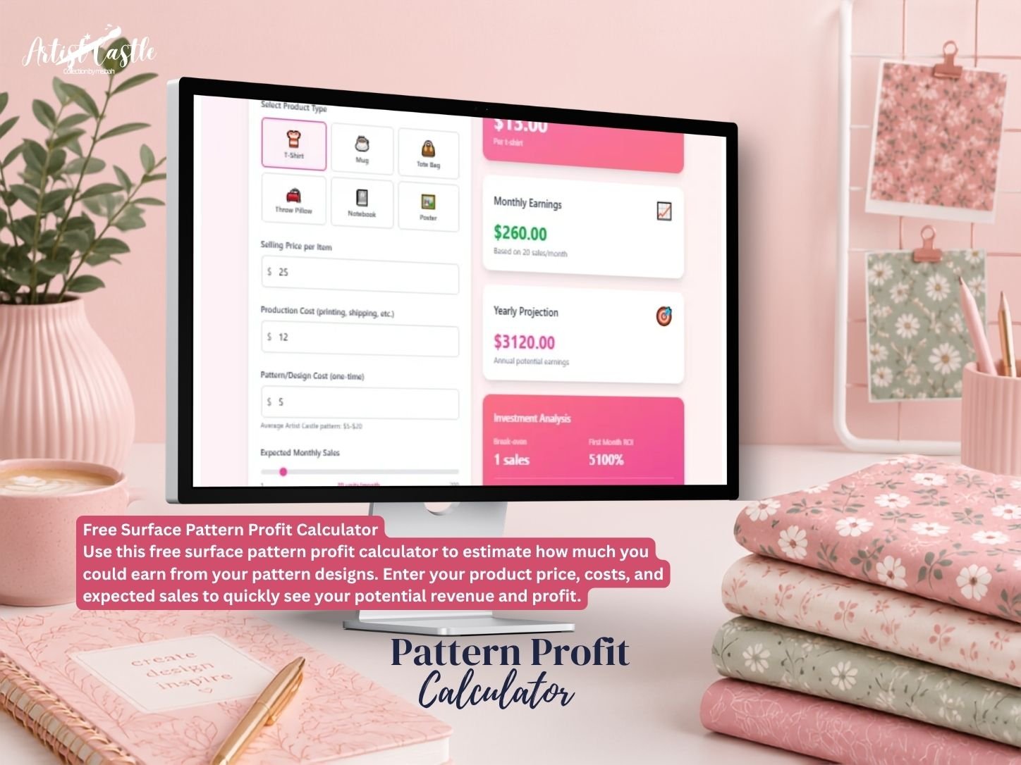 Surface pattern profit calculator shown on a laptop in a pink creative workspace for pattern designers.