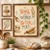 Bake the World a Better Place framed kitchen print styled with wooden baking utensils, neutral ceramics, wheat and warm farmhouse decor.