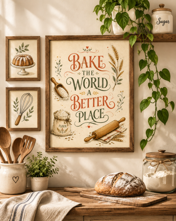 Bake the World a Better Place framed kitchen print styled with wooden baking utensils, neutral ceramics, wheat and warm farmhouse decor.