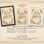 French kitchen wall decor printable featuring vintage Bon Appetit typography and culinary illustrations
