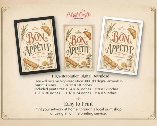 French kitchen wall decor printable featuring vintage Bon Appetit typography and culinary illustrations