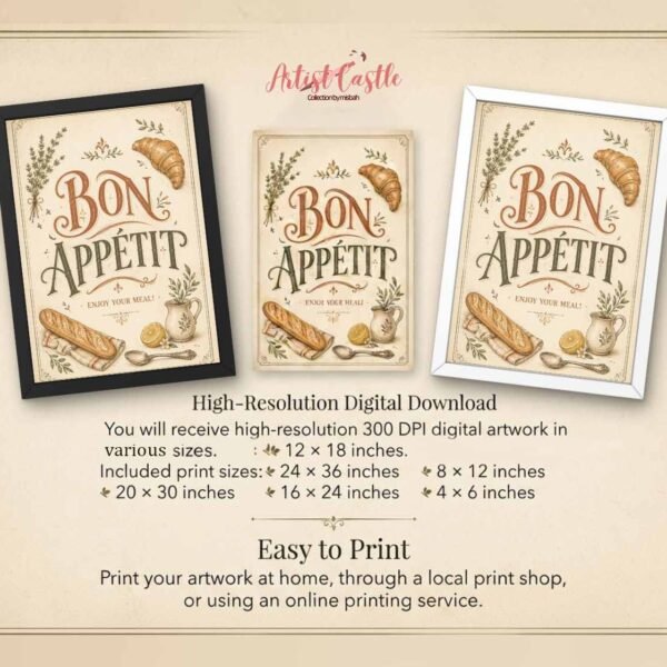 French kitchen wall decor printable featuring vintage Bon Appetit typography and culinary illustrations