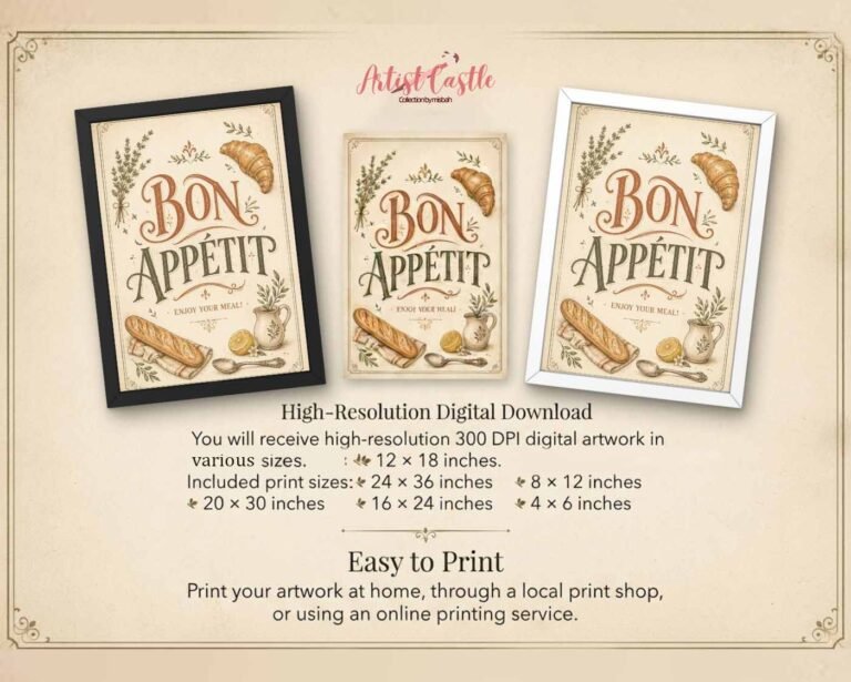 French kitchen wall decor printable featuring vintage Bon Appetit typography and culinary illustrations