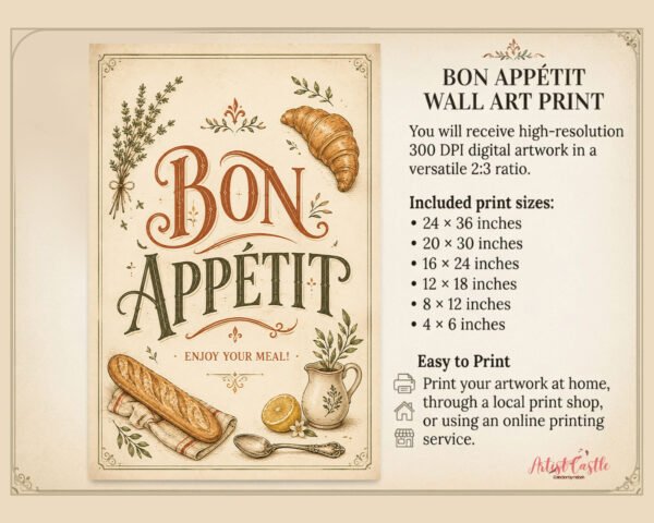 Bon Appetit kitchen wall art printable displayed in a warm vintage-style kitchen