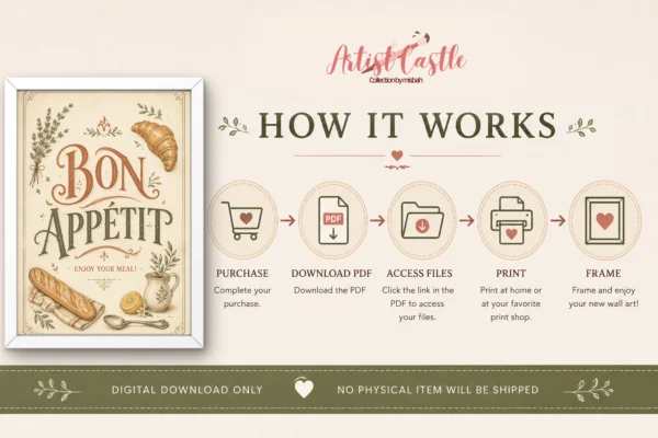 Bon Appetit digital kitchen print styled as framed wall art for a cozy kitchen or dining room printable guide