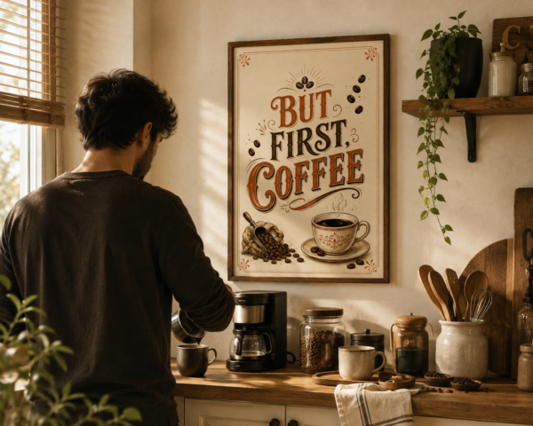 A man seen from behind preparing coffee in a warm rustic kitchen, with “But First, Coffee” vintage wall art displayed above the coffee station alongside mugs, coffee beans, jars, plants, and wooden shelves.