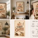 Vintage “But First, Coffee” kitchen wall art displayed in a rustic wooden frame above a warm coffee station, with coffee mugs, beans, a French press, plants and natural wood accents in a cozy neutral kitchen.