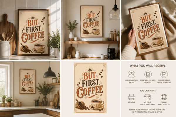 Vintage “But First, Coffee” kitchen wall art displayed in a rustic wooden frame above a warm coffee station, with coffee mugs, beans, a French press, plants and natural wood accents in a cozy neutral kitchen.