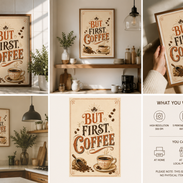 Vintage “But First, Coffee” kitchen wall art displayed in a rustic wooden frame above a warm coffee station, with coffee mugs, beans, a French press, plants and natural wood accents in a cozy neutral kitchen.