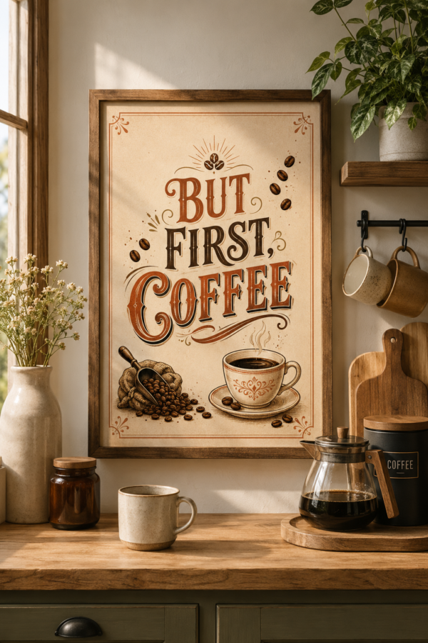 Vintage “But First, Coffee” printable wall art in warm brown, rust and cream tones, featuring bold retro typography, coffee beans, a steaming coffee cup, coffee scoop and decorative flourishes on a textured background.
