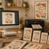 Good Food Good Mood printable wall art displayed in a warm, cozy kitchen, featuring vintage orange typography, tomatoes and green botanical details in a natural wood frame.