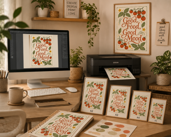 Good Food Good Mood printable wall art displayed in a warm, cozy kitchen, featuring vintage orange typography, tomatoes and green botanical details in a natural wood frame.