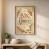 Vintage French kitchen wall art styled in a warm farmhouse kitchen interior