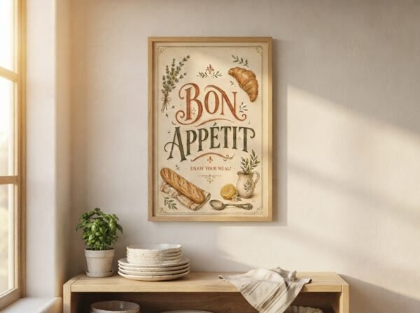 Vintage French kitchen wall art styled in a warm farmhouse kitchen interior