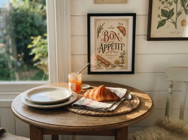 Bon Appetit kitchen wall art displayed as framed vintage French kitchen decor
