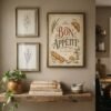 Vintage printable kitchen decor styled as framed wall art in a cozy kitchen