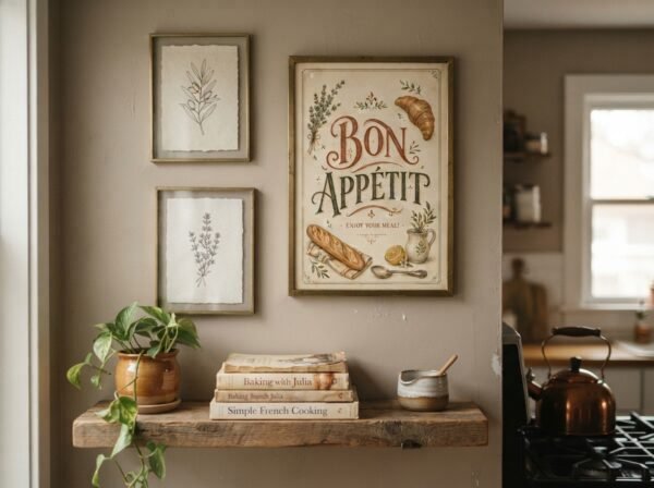 Vintage printable kitchen decor styled as framed wall art in a cozy kitchen