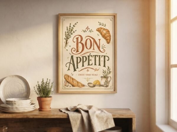 Printable Bon Appetit kitchen art in a vintage French inspired frame