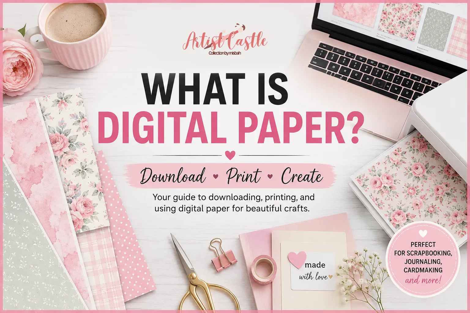 What is digital paper guide showing printable designs, a laptop, printer and craft supplies