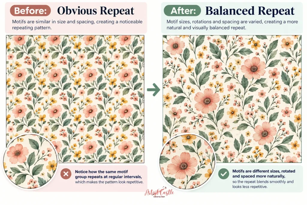 Before and after comparison showing an obvious repetitive pattern improved with varied motif sizes, rotations and spacing